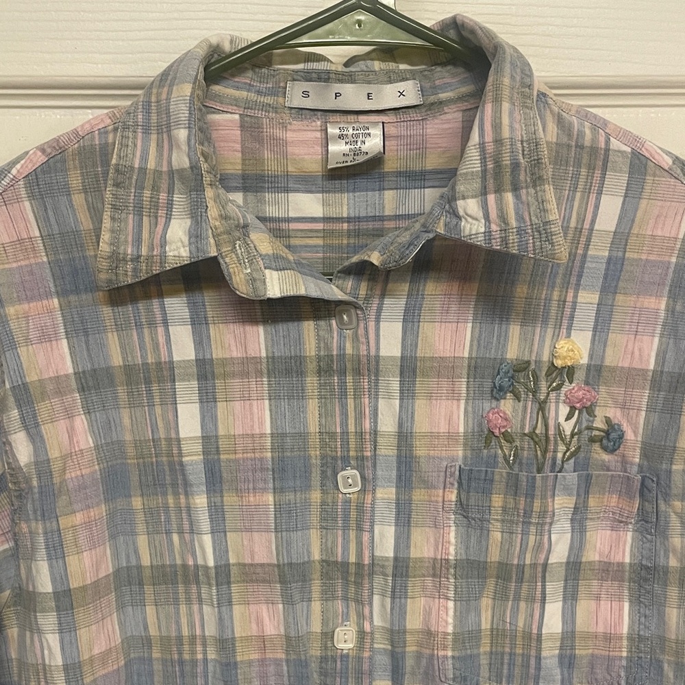 Vintage Women’s Pastel Plaid Button Down Top-L